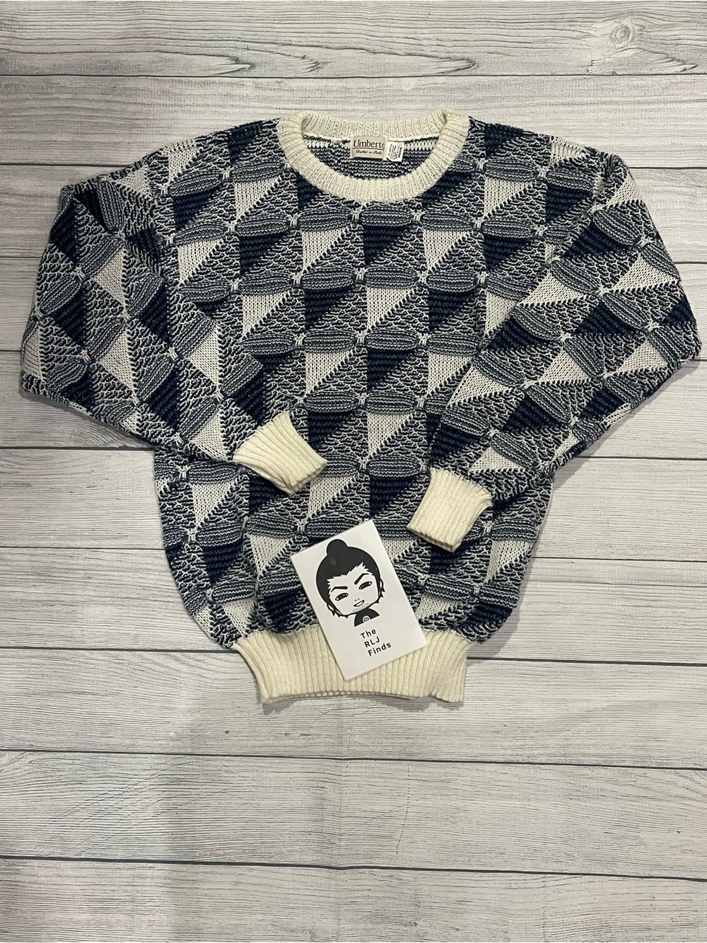 Vintage Umberto Black White Geometric Knit Crewneck Sweater M 90s